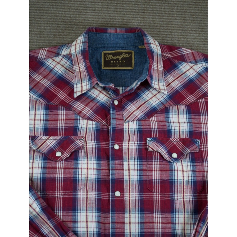 Wrangler Retro Men L Large Tall Pearl Snap Western Plaid Shirt Maroon Blue - Picture 3 of 7